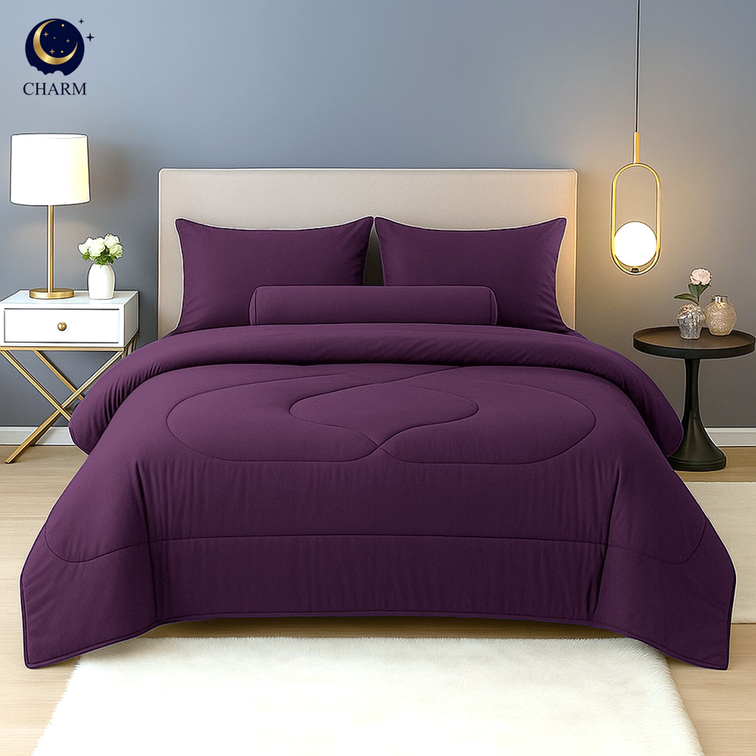 ชุดผ้าปูที่นอน 6 ฟุต 6 ชิ้น CHARM สี ROYAL PURPLE คอลเลคชั่น CLASSIC_1